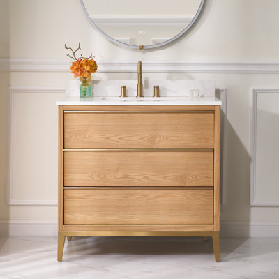 35'' H X 36'' W Solid Wood Bath Vanity with Stain-resistant Carrera White Quartz Top and Single Sink
