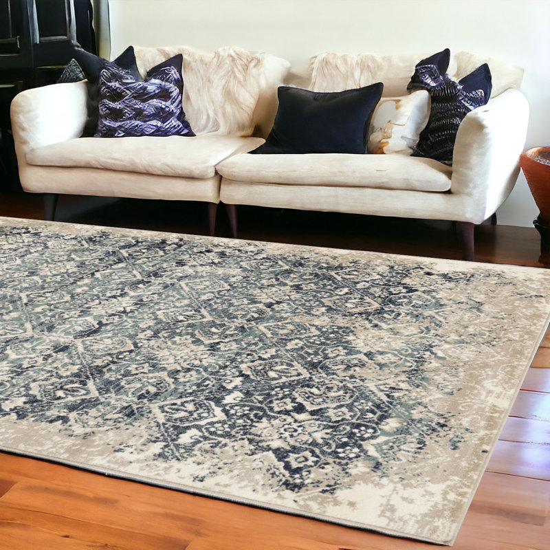 8' Runner Ivory and Blue Oriental Runner Rug, Rectangle 8' x 11'