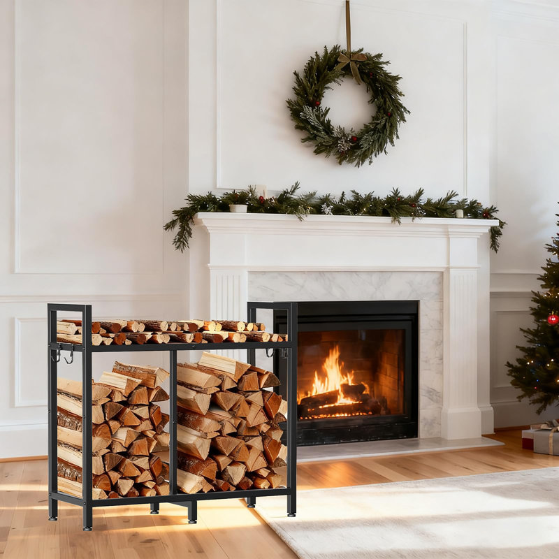 Support à bois de chauffage robuste de 34 pouces avec crochets et patins réglables - Porte-bûches intérieur / extérieur pour rangement de foyer