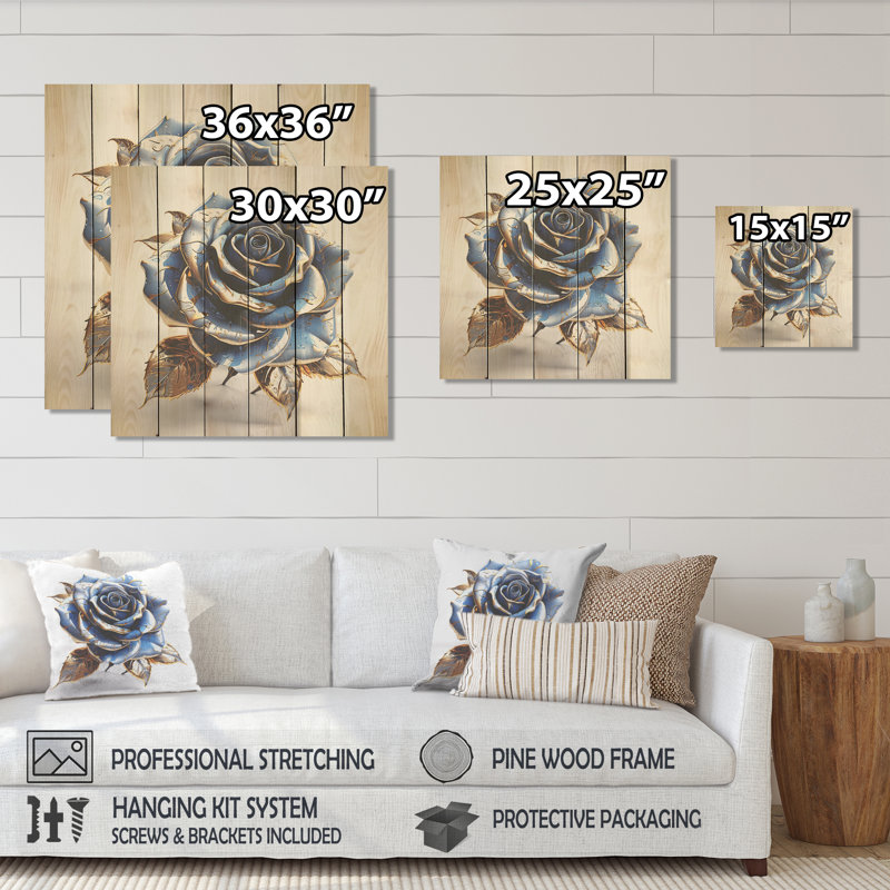 Verre doré et rose bleu I - Rose sur bois, H 36 po x l 36 po