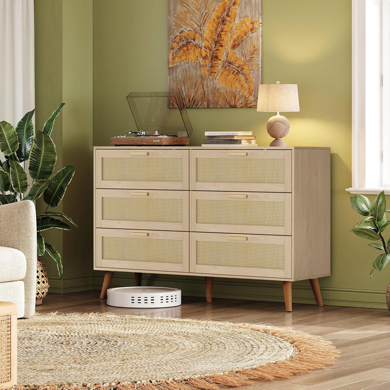 Commode moderne à 6 tiroirs, équipée d'une façade en rotin, casier ultra-mince pour la chambre à coucher ou le porche.