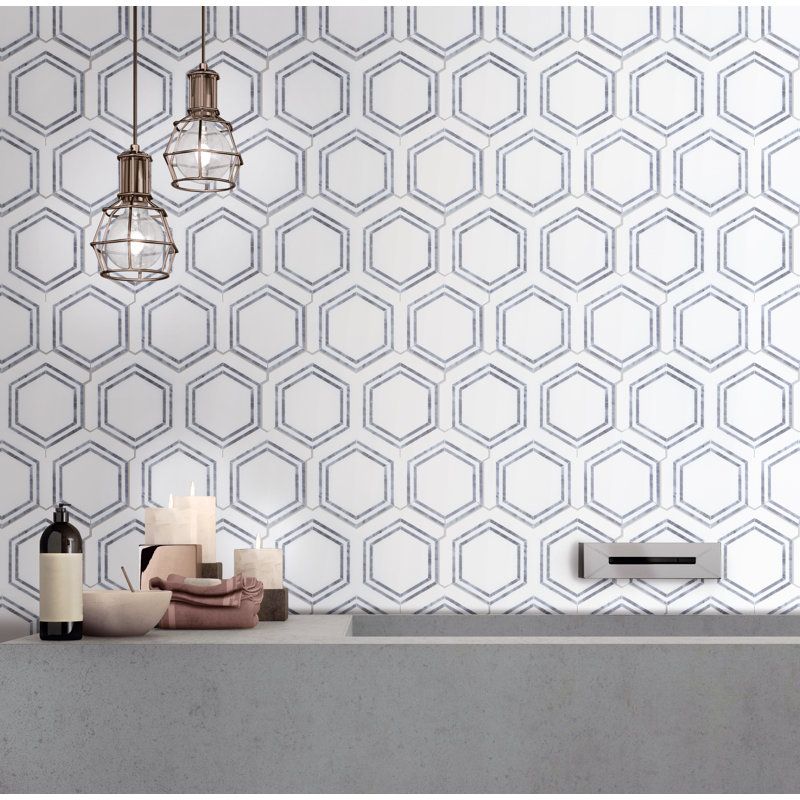 Marble Honeycomb Mosaic Wall & Floor Tile, White/Gray