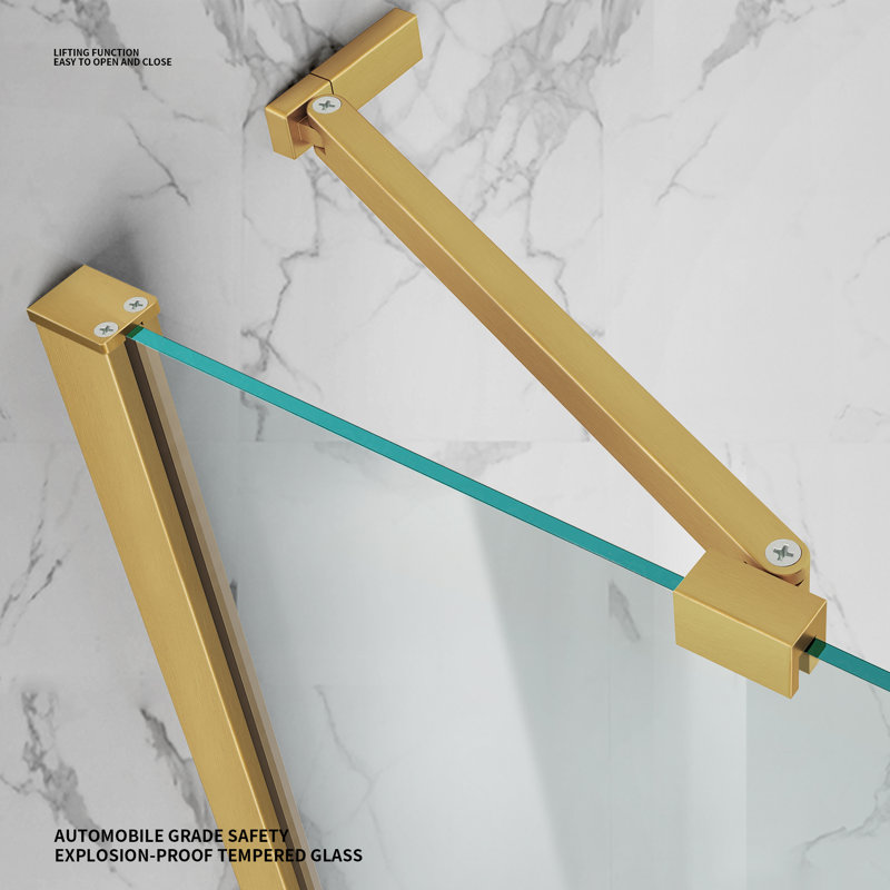 43" W X 58" H Frameless Pivot Foldable Bathtub Door With 1/4" Clear Tempered Glass And Towel Bar, Brushed Gold