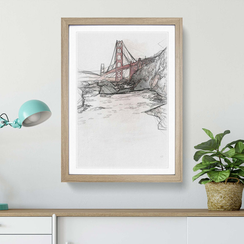 Golden Gate Bridge in San Francisco Abstract Art - Picture Frame Graphic Art Print, 48cm H x 36cm W x 2cm D, Oak Framed