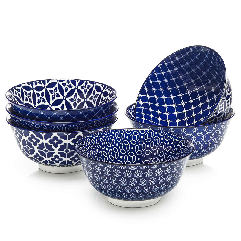  6" Japanese Style Bowl Set - 6-Piece Blue Pattern Porcelain