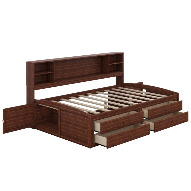 Lit plateforme double en bois pleine grandeur avec tablettes de rangement intégrées et 4 tiroirs, cadre de lit multiple avec 2 armoires