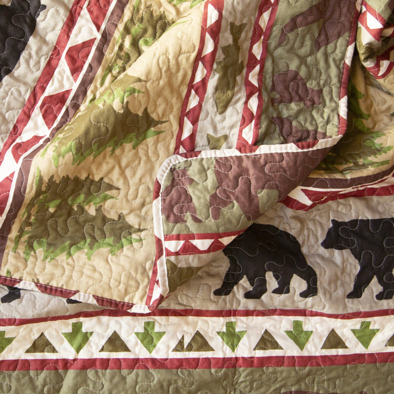 Rustic Queen Microfiber Quilt Set with Bear and Pine Tree Pattern
