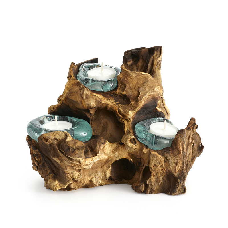 Rustic Love-Themed Triple Tealight Holder with Hand-Pressed Glass