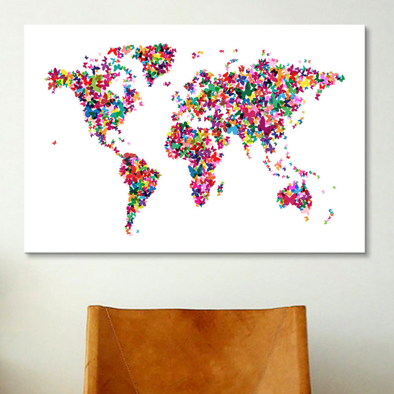 « papillons world map », impression sur toile, H 18 po x l 26 po x P 1,5 po, Pas de tapis, Toile tendue