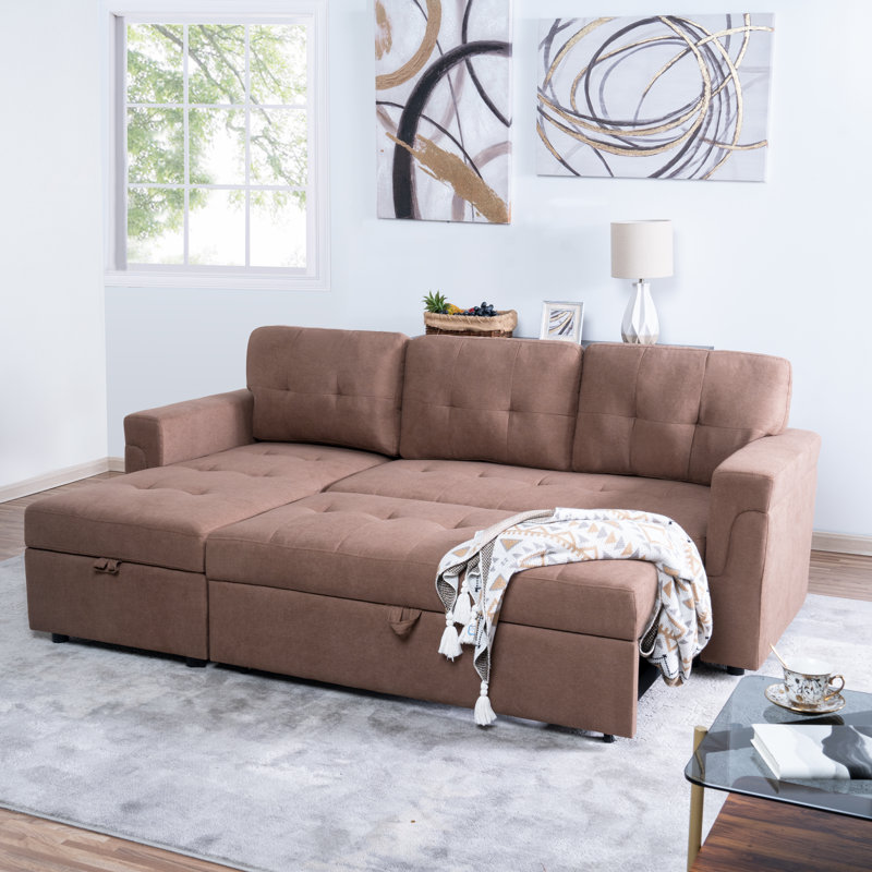 Canapé-lit modulaire réversible en velours avec méridienne et rangement, Velours moka, H 34,25 po x l 81,03 po x P 49,63 po