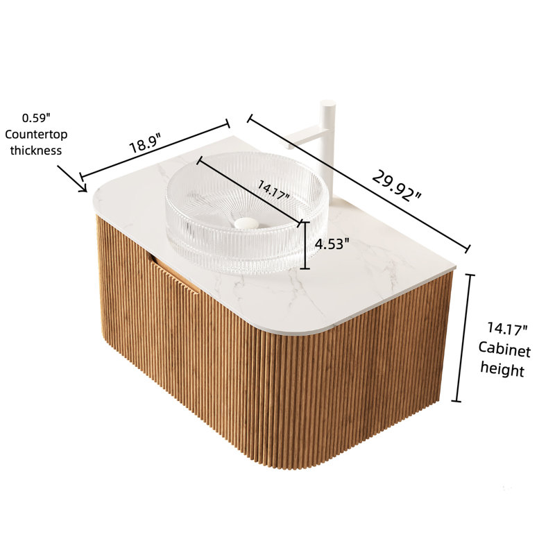 Meuble-lavabo de 76 cm avec lavabo rond transparent, armoire suspendue de couleur naturelle, tiroir à rayures 3D, préassemblé, système de fermeture amortie, grand espace de rangement, structure en contreplaqué, design moderne en verre et en bois
