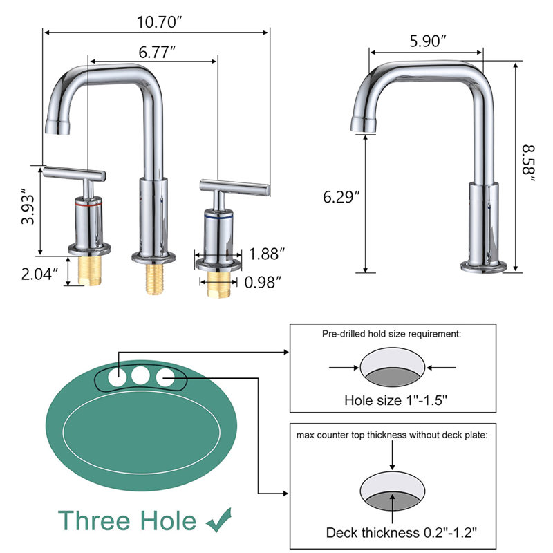 8 po Robinet de salle de bain à deux poignées avec bonde escamotable, pivotant sur 360 °, valves à disque en céramique, conception spacieuse espacée, 2 poignées, bec rotatif, tuyau résistant aux fuites