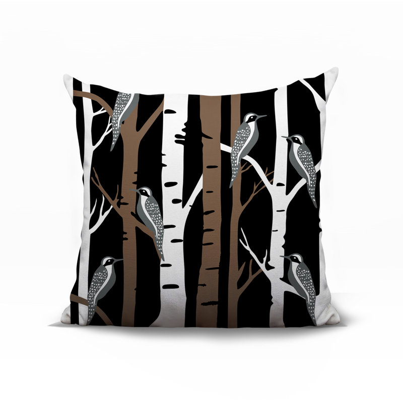Oreiller carré réversible intérieur / extérieur Fiore Bird, Carré 15 po, Noir