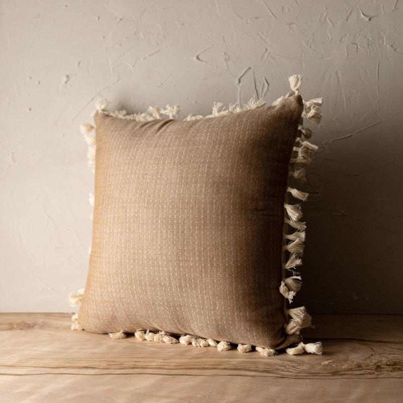 Handwoven Light Brown Cotton Reversible Throw Pillow with Tassels