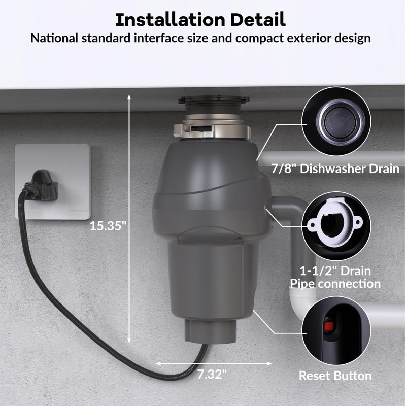 Broyeur à déchets ultra-silencieux en acier inoxydable 1 / 2HP - Broyage anti-colmatage en 4 étapes, moteur puissant de 3 500 tr / min, alimentation continue, interrupteur d'air et cordon d'alimentation, sous-lavabo compact, installation facile