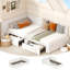 Lit de jour simple avec tiroirs de rangement, lit d'angle rembourré en velours, chambre d'enfant, beige-2010667793