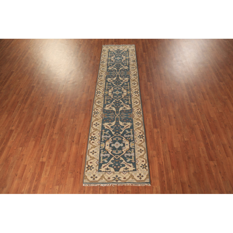 Tapis de couloir indien bleu clair fait à la main Oushak 3 x 10