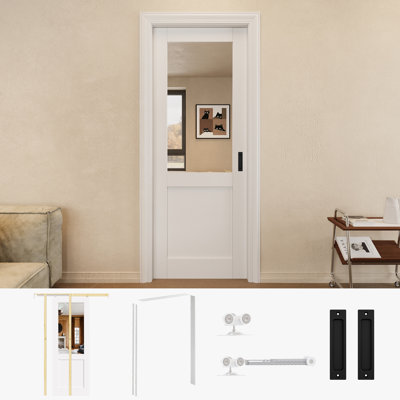 Porte de garde-robe coulissante à miroir 18 po x 80 po avec quincaillerie noire et cadre de porte blanc