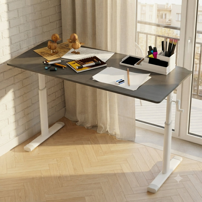 Bureau réglable en hauteur LifeSky pour petits espaces : Bureau assis-debout à manivelle manuelle avec rangement – ​​Bureau moderne pour appartements et postes de travail compacts