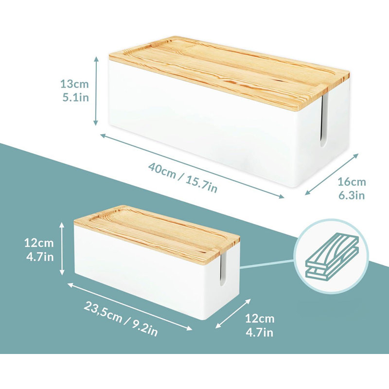 Wood Cable Management Box  Set Of Two  Large   Medium Cord Organizer Box Set To Hide Wires   Power Strips   Cable Storage Box   TV, Desk, Computer, Router Cord Organization White