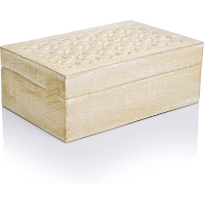 Large Wooden Keepsake Box  Whitewash Memory & Decorative Storage Box For Jewelry, Photos & Trinkets With Hinged Lid  Vintage Storage Box Trellis Design | 9 X 6 X 3.5