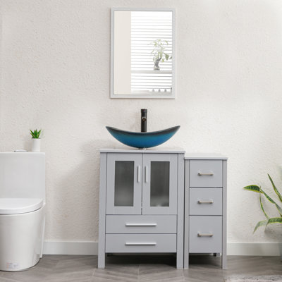 Breahnna 36'' Free Standing Single Bathroom Vanity with Manufactured Wood Top, Vessel Sink, Faucet, Drain