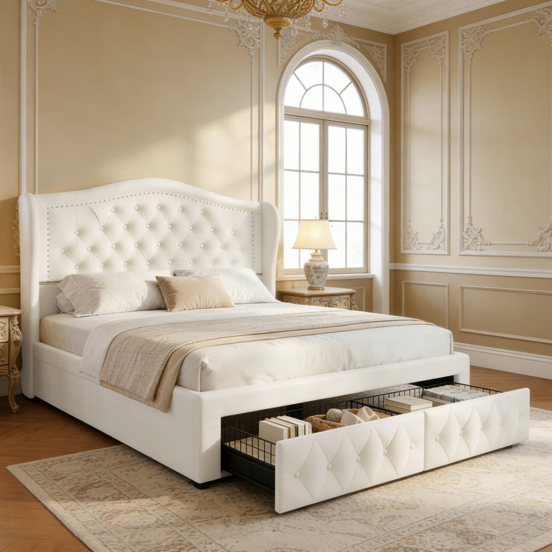 Velvet Bed Frame With 2 Storage Drawers And Tufted Headboard, Upholstered Platform Bed With Wood Slats, No Box Spring Needed, Easy Assembly
