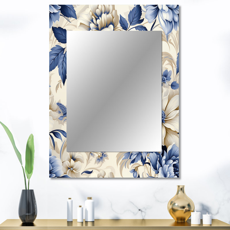 Art victorien hongrois, fleurs bleues et blanches damassées - miroir mural unique en damas, 40 po x 30 po