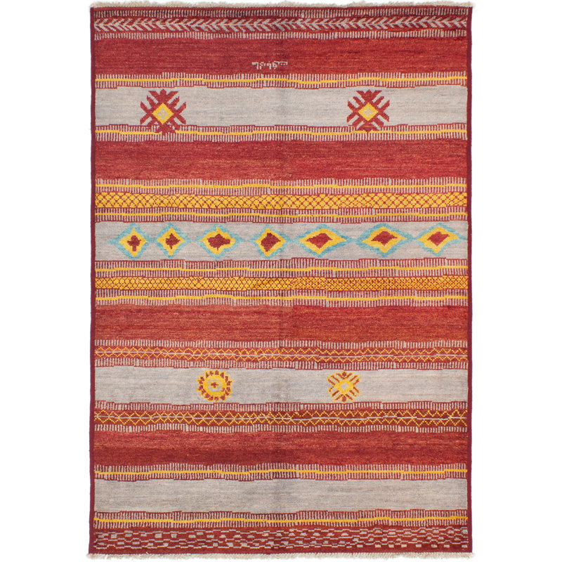 Tapis unique en laine noué à la main mogul des années 2010 cuivre foncé / jaune / gris 6 pi 2 po x 9 pi Kan
