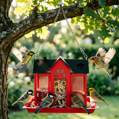 Metal Hanging Bird Feeder House, Classic Barn Style Iron Outdoor Feeder with Visible Window Lift Top Lid for Garden Yard Wild Birds