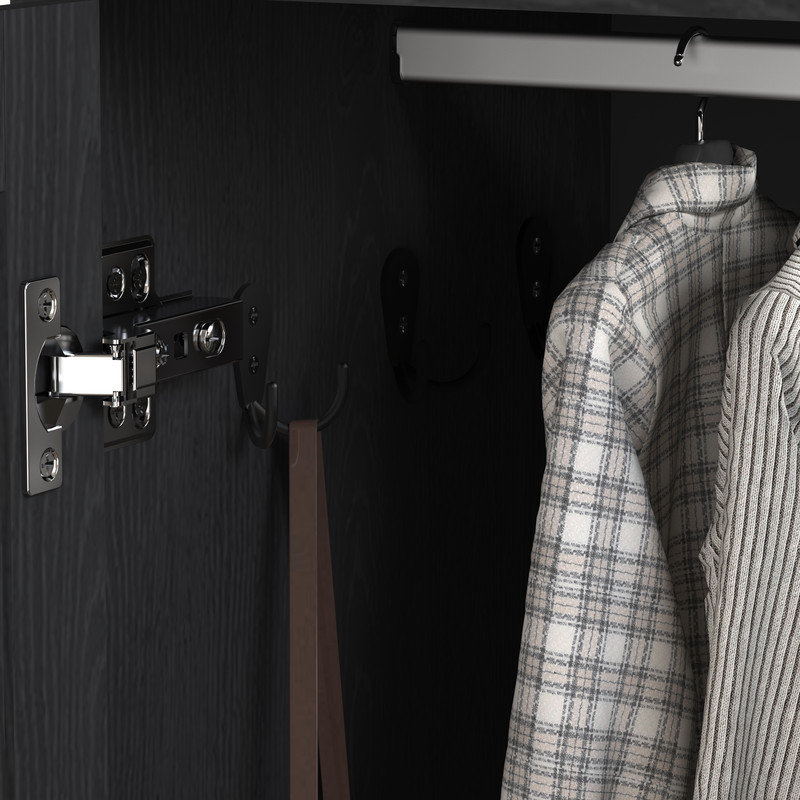 Armoire-penderie DEL en bois noir à 4 portes avec miroir, 2 tiroirs, tringle et étagères réglables.