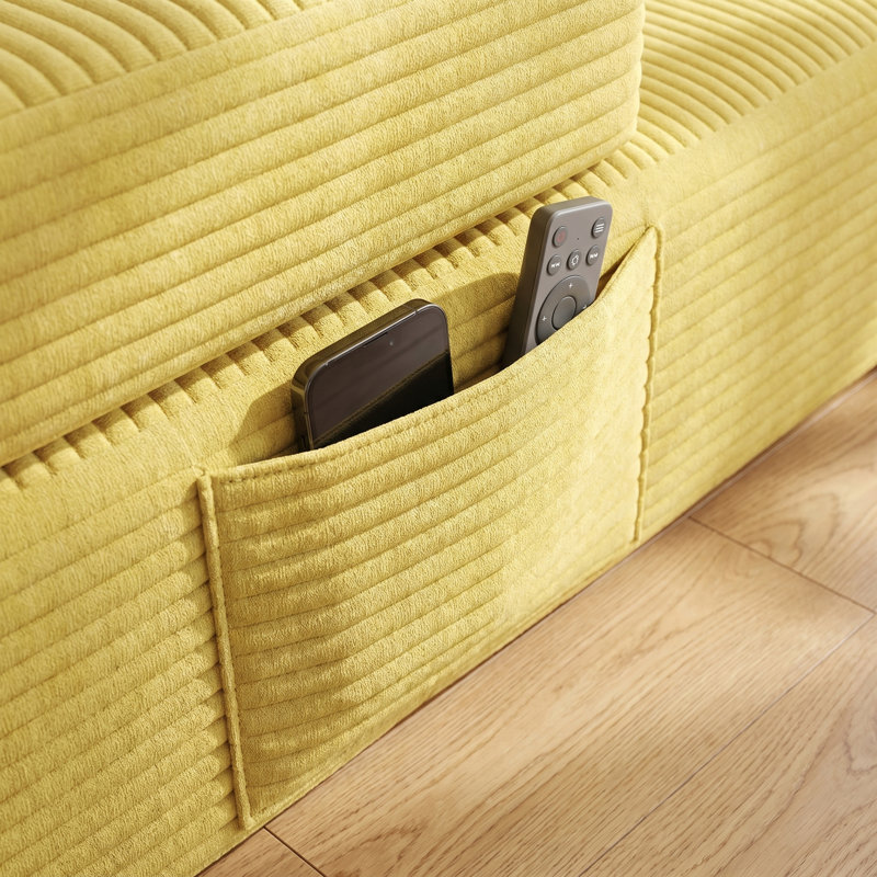Méridienne convertible en velours côtelé moelleux avec rangement et coussins, canapé-lit peu encombrant, Yellow, 1