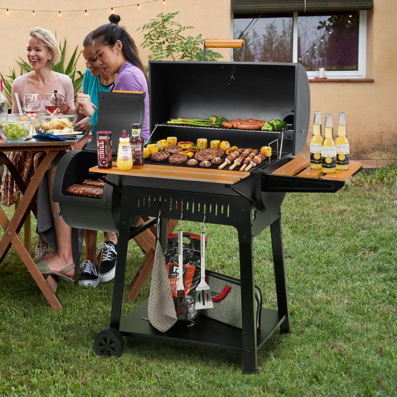 Royal Gourmet 28-inch Heavy Duty Charcoal Grill With Offset Smoker And Wooden Side Shelf, Black