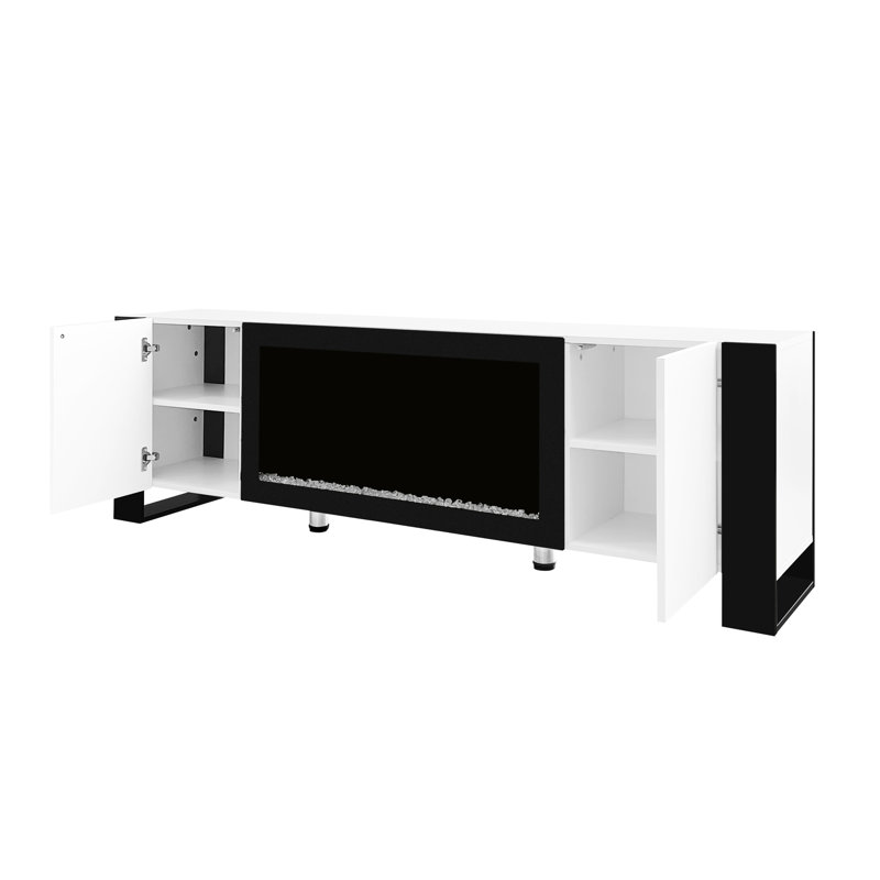 Meuble télé avec foyer 34,3 po, centre de divertissement blanc ultrabrillant pour téléviseur de 78 po, minimaliste moderne avec 2 armoires