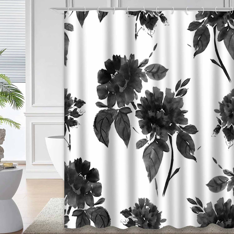 Rideau de douche noir à motif floral noir avec 12 crochets, L 72 po x l 72 po