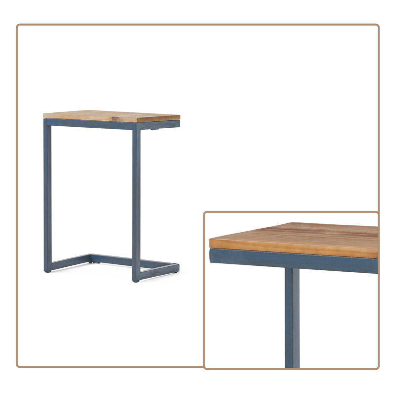 Table d'appoint industrielle en forme de C avec structure en métal et plateau en bois, H 25,52 po x l 18,24 po x P 12,77 po