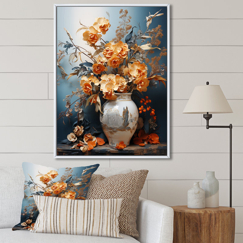 Reproduction sur toile luxueuse d'orchidées jaunes dorées, Cadre flottant blanc, H 20 po x l 12 po