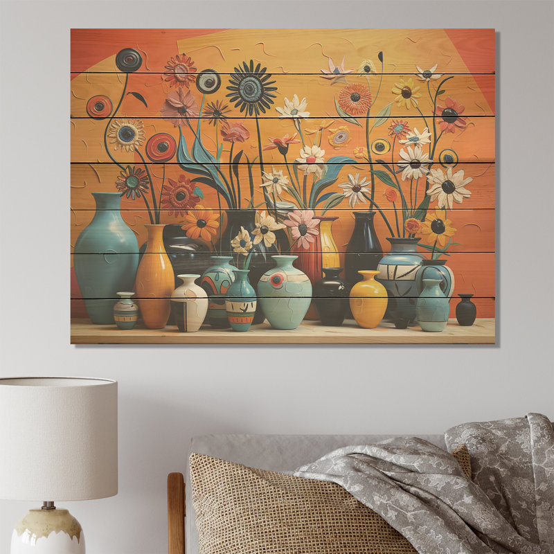 Orange Boho Pottery Expressions II - poterie bohème sur bois, H 24 po x l 32 po x P 0,78 po