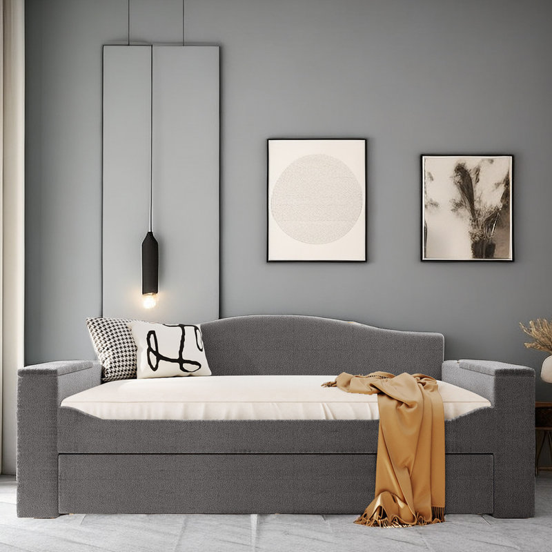 Teddy Fleece Daybed With Storage Armrests, Trundle, USB Port, Gray