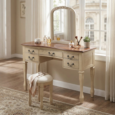Table de coiffeuse avec miroir à cadre floral courbé, 5 tiroirs, tabouret en cuir, pieds en bois massif
