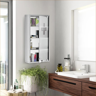 Cabinets | Lockable Wall Mounted Medicine Cabinet, 4 Tier Shelves, Frosted Glass Door, 12" x 24", Modern | Brushed Silver | Bathroom
