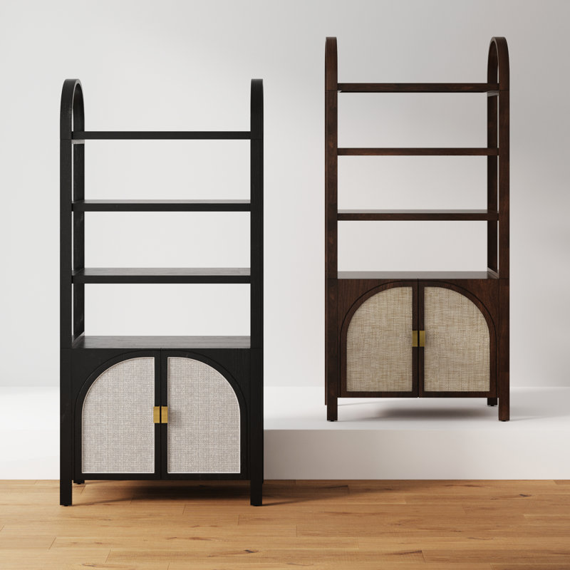 Cordi Boho 3-Shelf Bookshelf Cabinet With Rattan Doors, Brown/Beige