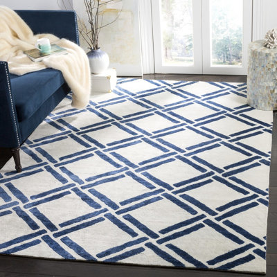 Emmariah Moroccan Hand Knotted Viscose/Cotton Geometric Rug in Blue/Ivory
