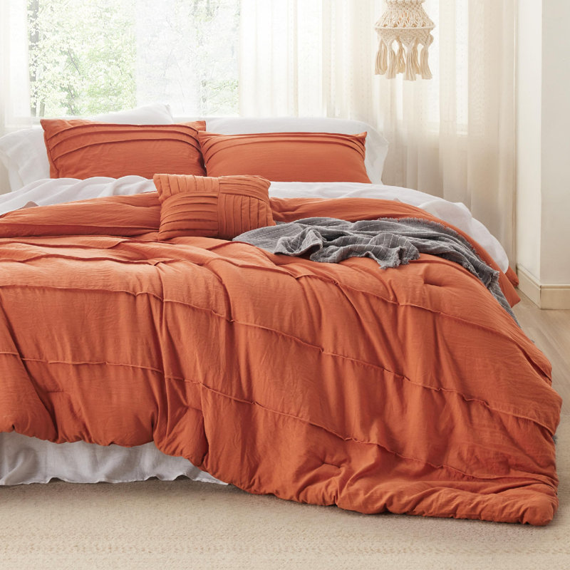 Ensemble d'édredon plissé en microfibre pré-lavé Best vendeur - 89GSM, Orange brûlé