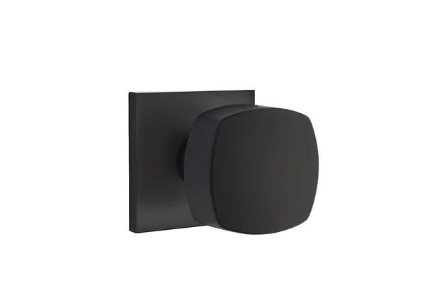 Emtek Privacy Interior Mortise Set w/ Square Rosette & Freestone Knob (RH), Flat Black