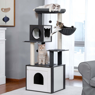 Arbre à chat de 56,7 po avec grand bac à litière, tour à chat en bois pour chats d'intérieur avec armoire de rangement, maisonnette confortable pour chat, poteau à griffes recouvert de sisal et boules suspendues remplaçables