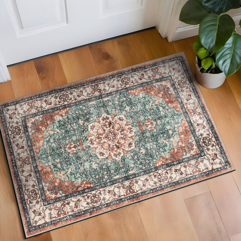 Tapis traditionnel lavable antidérapant à médaillon traditionnel, Rectangulaire 2 pi x 3 pi