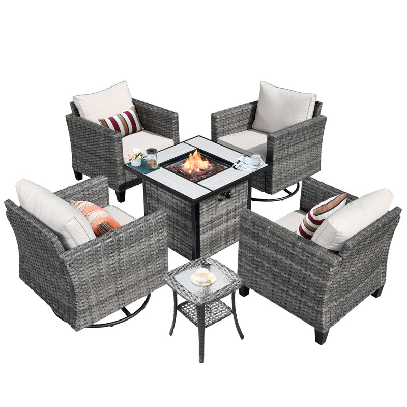 Polyethylene (PE) Wicker 4 - Person Seating Group with Fire Pit, Beige