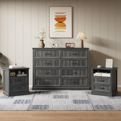 Ensemble de chambre à coucher 3 pièces, commode 8 tiroirs et 2 tables de chevet pour le salon Farmhouse