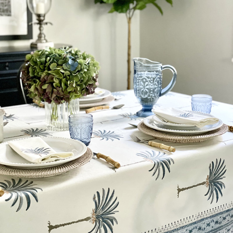 Coastal Palm Tree Blue Tablecloth, 72" D x 135" L
